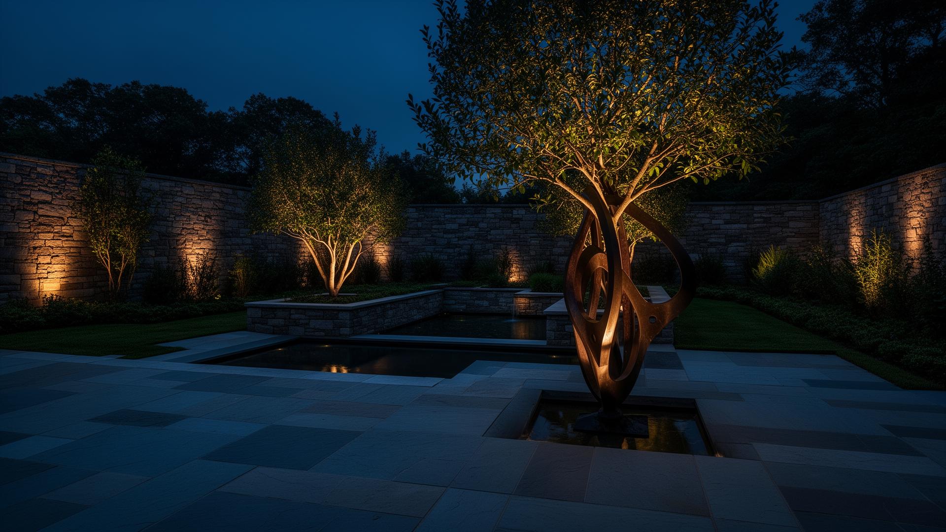 Architectural garden at twilight with stonework and water feature