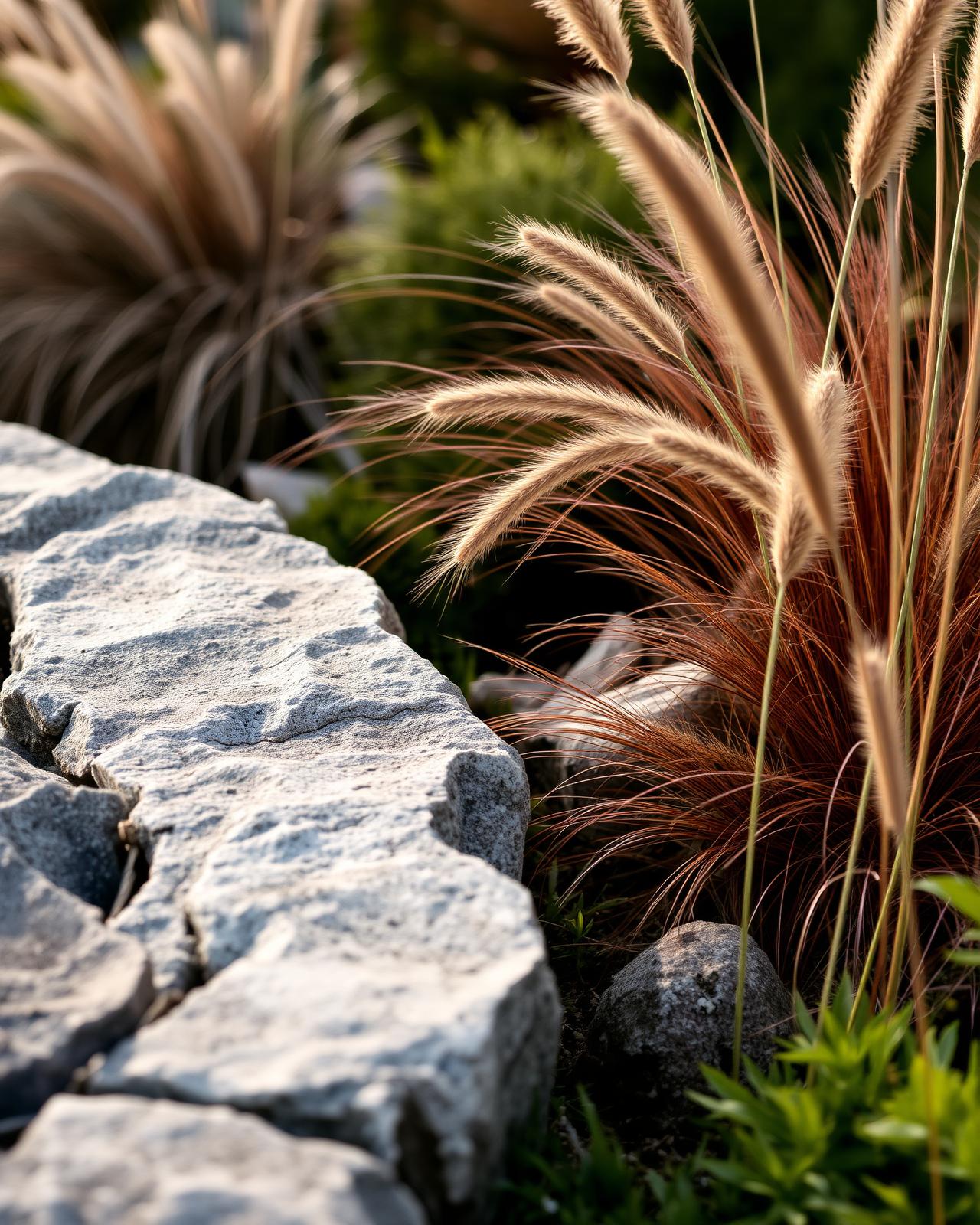 Brighton garden with ornamental grasses and weathered stone