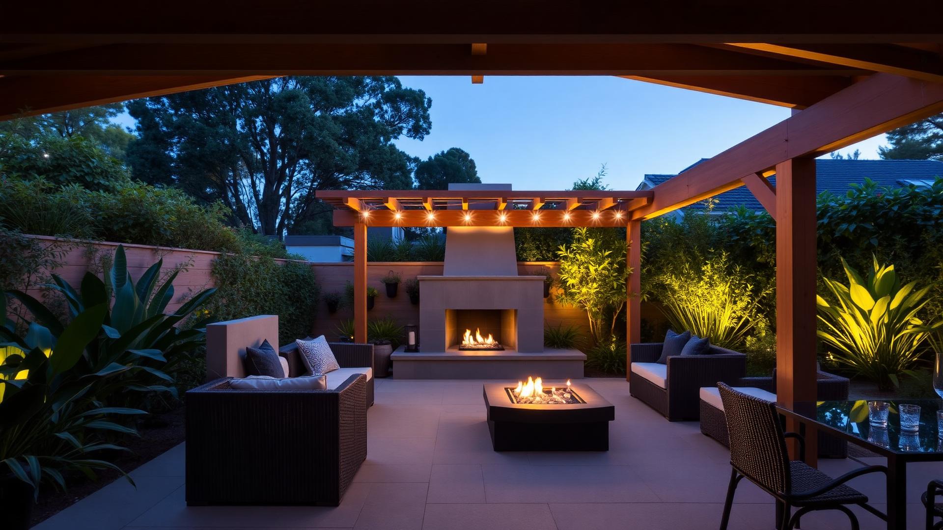 Toorak terrace at dusk with outdoor fireplace and pergola
